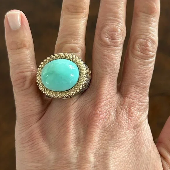 Dian Malouf Silver and 14k Turquoise Cocktail Ring - Picture 2 of 12